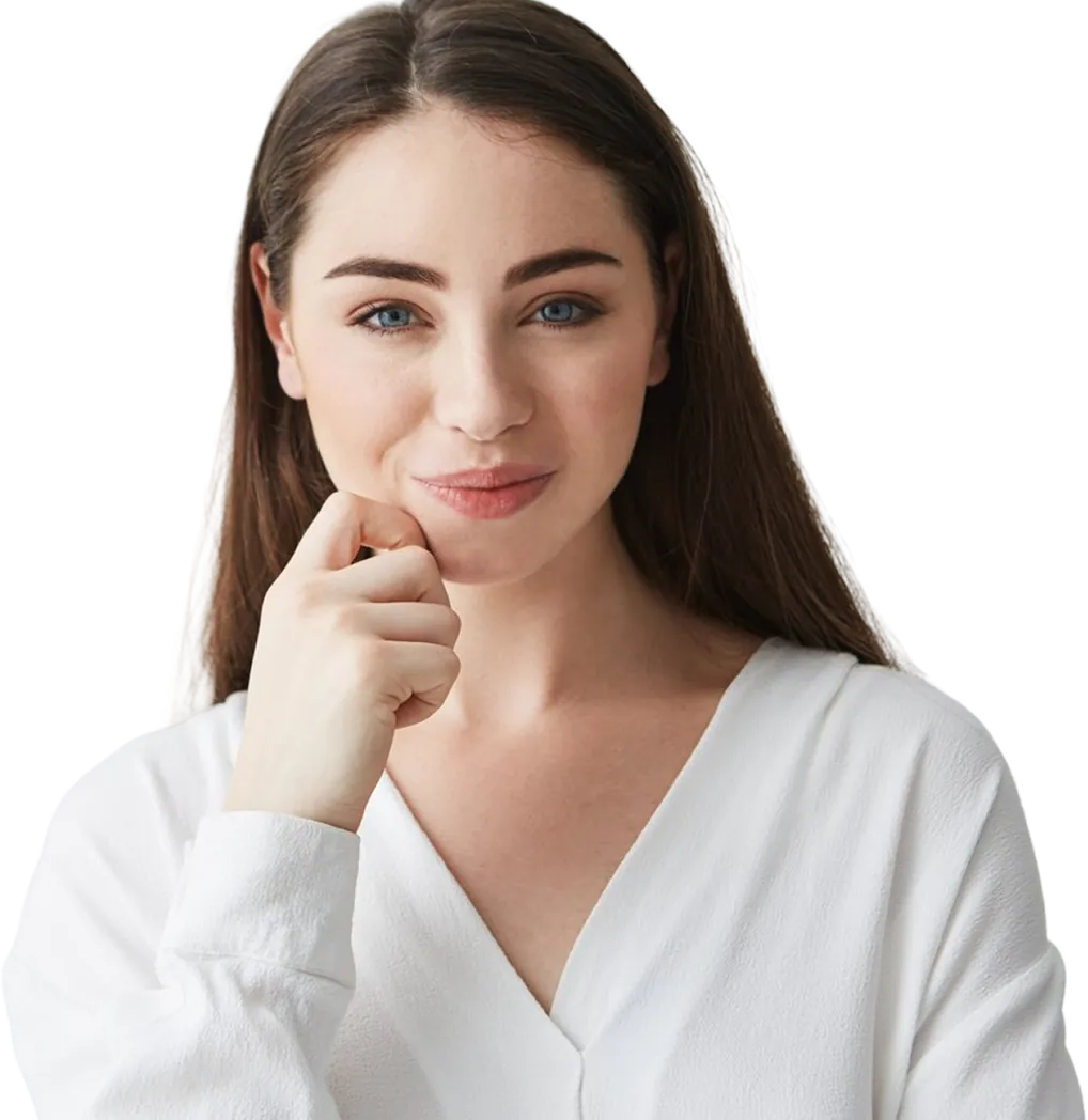 Smiling woman in a white blouse resting her chin on her hand