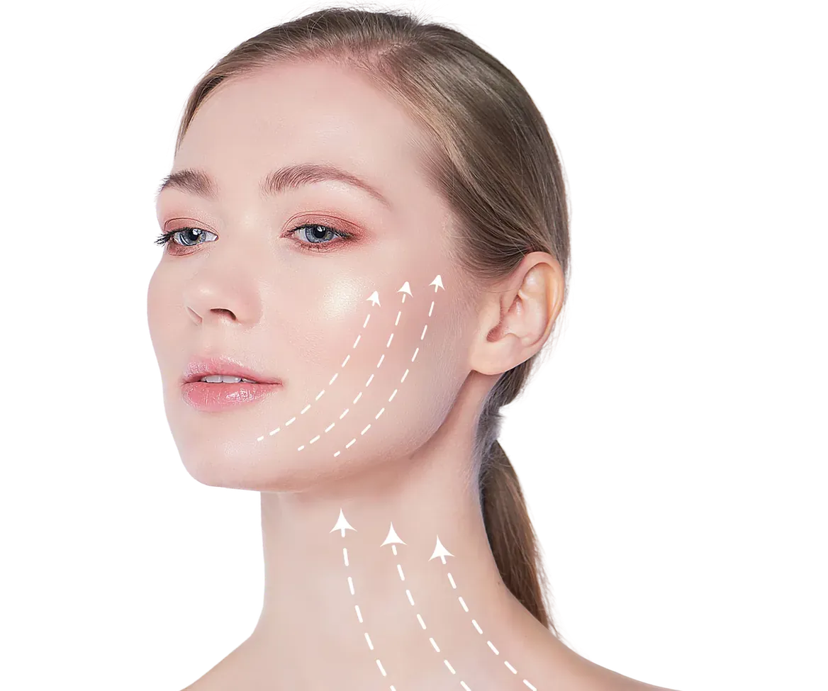Woman with lifting arrows drawn along her jaw and neck