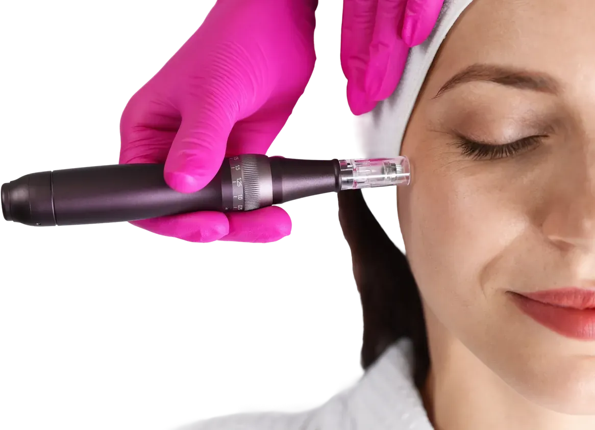 Provider holding a microneedling pen beside a client's face