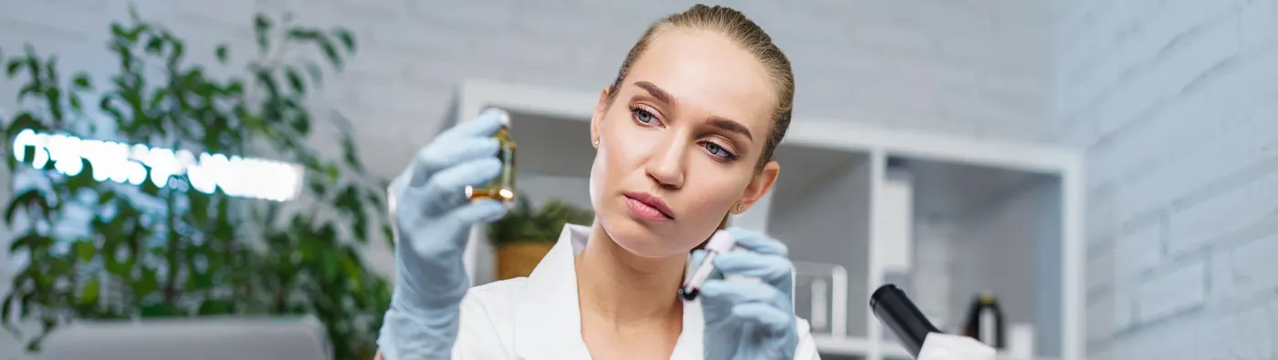Clinician examining a sample vial in a lab