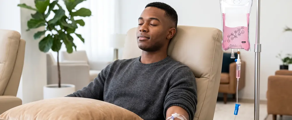 Man relaxing in a recliner during an IV infusion