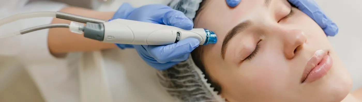 Meso needling device being used on a client's forehead