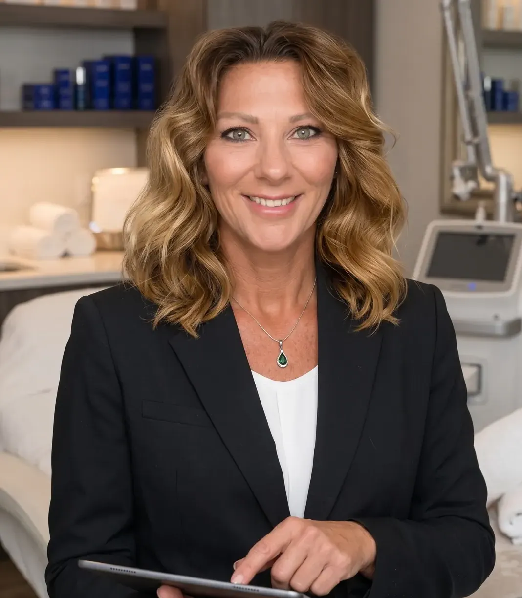 Sarah Aho, RN, holding a tablet in a treatment room